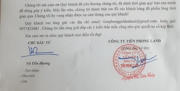 Tiên Phong Land gửi công văn khắc phục sai phạm tại dự án Khu dân cư mới Gò Cát